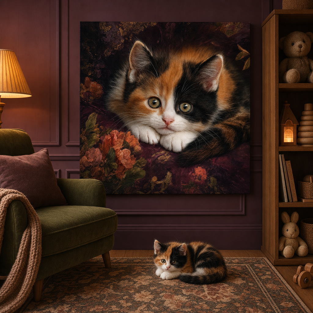 True Detail Baby Canvas room mockup; custom cat portrait canvas from photo in the True Detail Baby style; calico cat; proof before print.