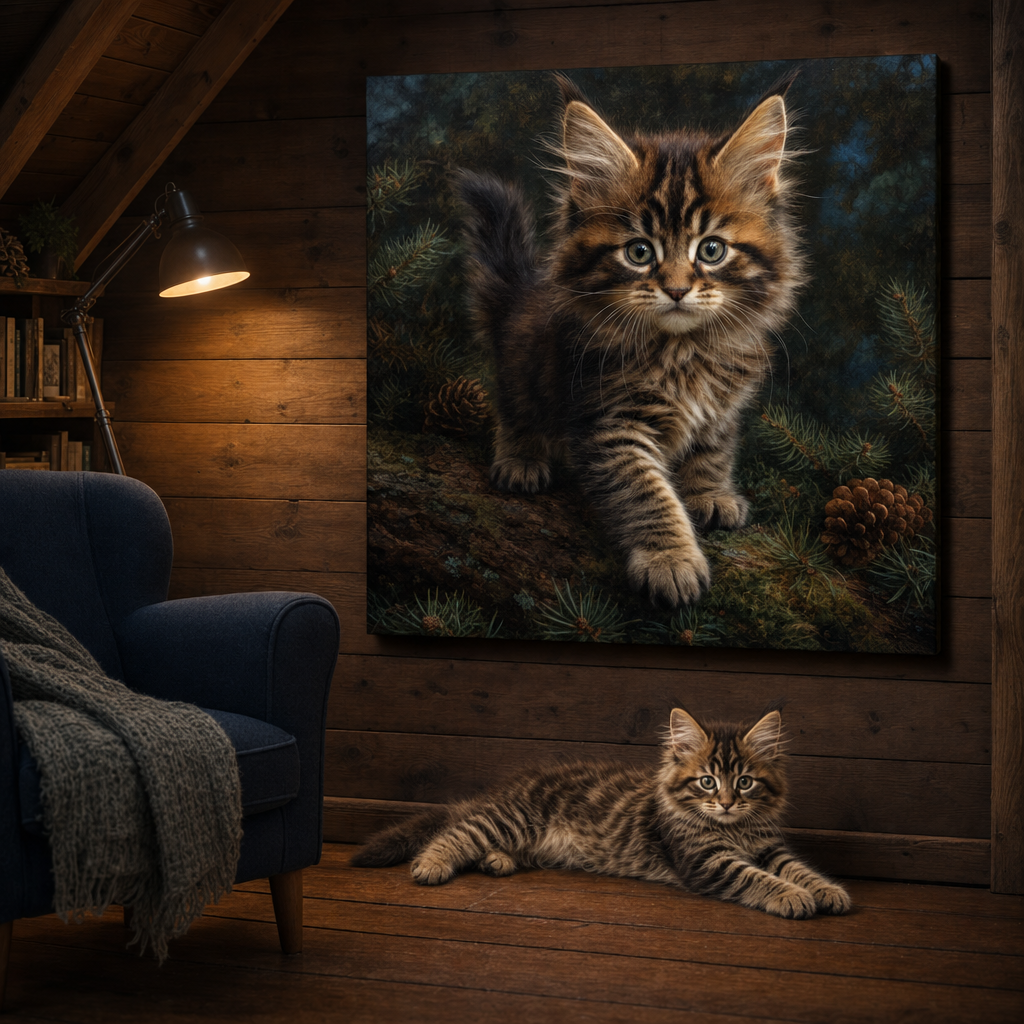 True Detail Baby Canvas room mockup; custom cat portrait canvas from photo in the True Detail Baby style; nature-themed; longhair cat; proof before print.