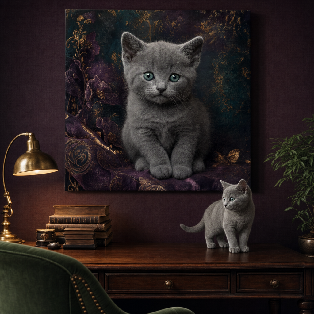 True Detail Baby Canvas room mockup; custom cat portrait canvas from photo in the True Detail Baby style; gray cat; proof before print.