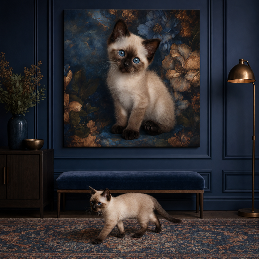 True Detail Baby Canvas room mockup; custom cat portrait canvas from photo in the True Detail Baby style; pointed cat; proof before print.