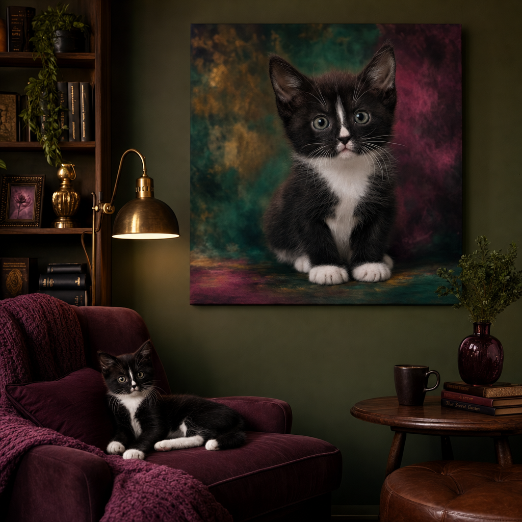 True Detail Baby Canvas room mockup; custom cat portrait canvas from photo in the True Detail Baby style; tuxedo cat; proof before print.