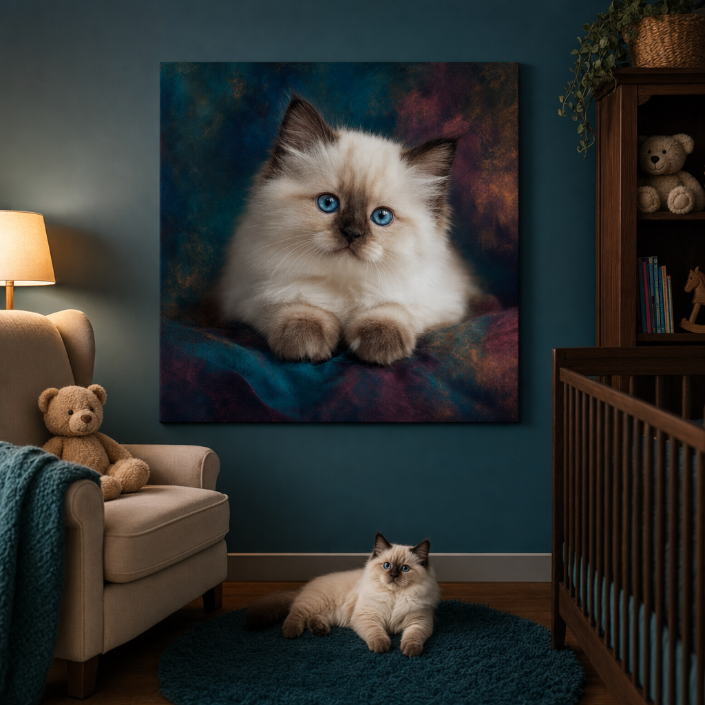 True Detail Baby Canvas room mockup; custom cat portrait canvas from photo in the True Detail Baby style; longhair cat; proof before print.