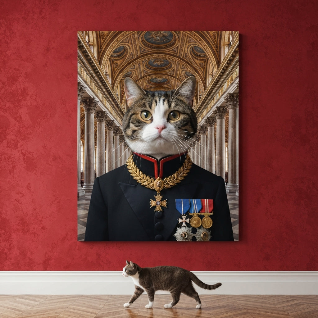 The Sovereign Canvas room mockup; custom cat portrait canvas from photo in the The Sovereign style; tuxedo cat; proof before print.