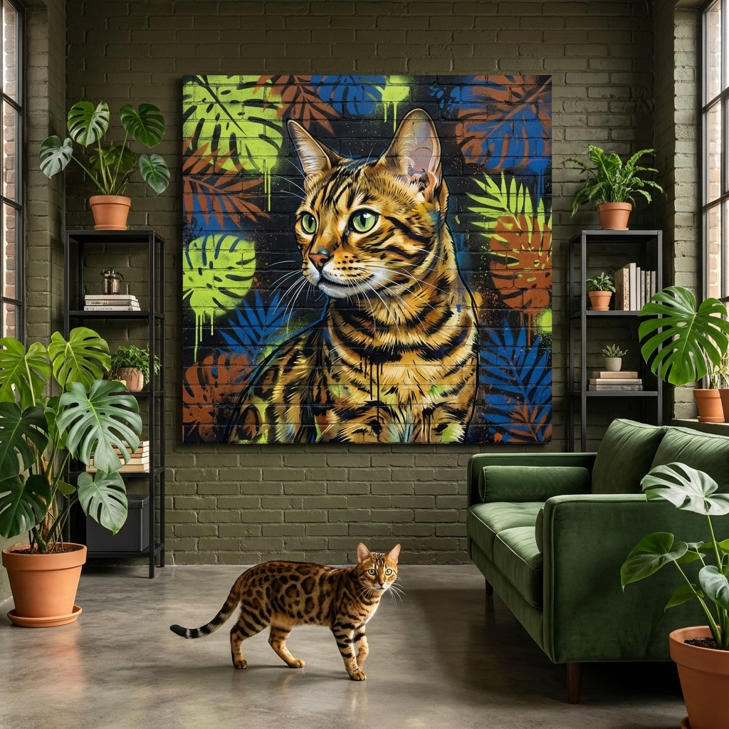 Urban Spray Portrait Canvas room mockup; custom cat portrait canvas from photo in the Urban Spray Portrait style; nature-themed; spotted tabby-like cat; proof before print.