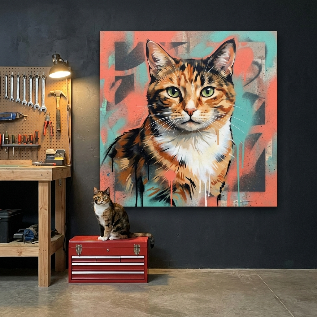 Urban Spray Portrait Canvas room mockup; custom cat portrait canvas from photo in the Urban Spray Portrait style; broadcast-themed; calico cat; proof before print.