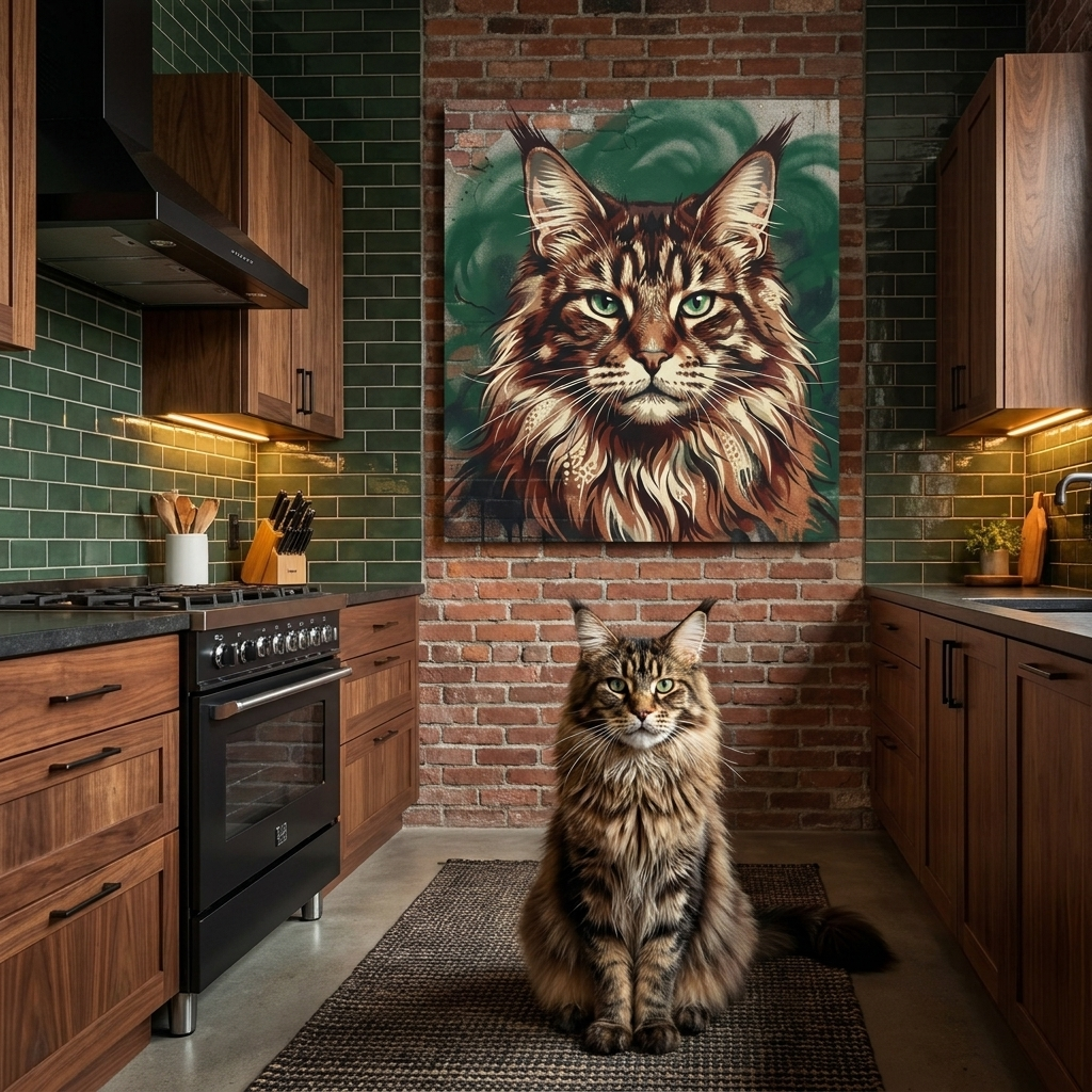 Urban Spray Portrait Canvas room mockup; custom cat portrait canvas from photo in the Urban Spray Portrait style; kitchen-themed; longhair cat; proof before print.