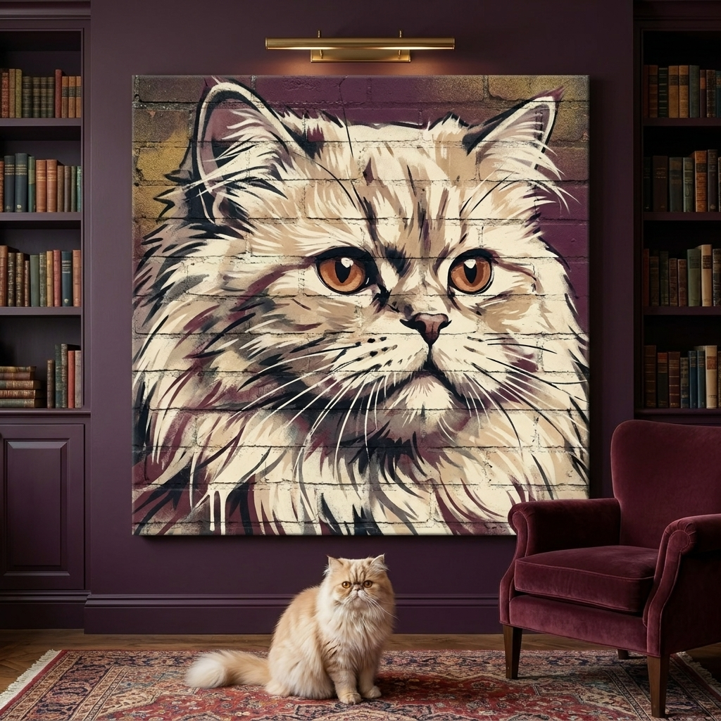 Urban Spray Portrait Canvas room mockup; custom cat portrait canvas from photo in the Urban Spray Portrait style; longhair cat; proof before print.