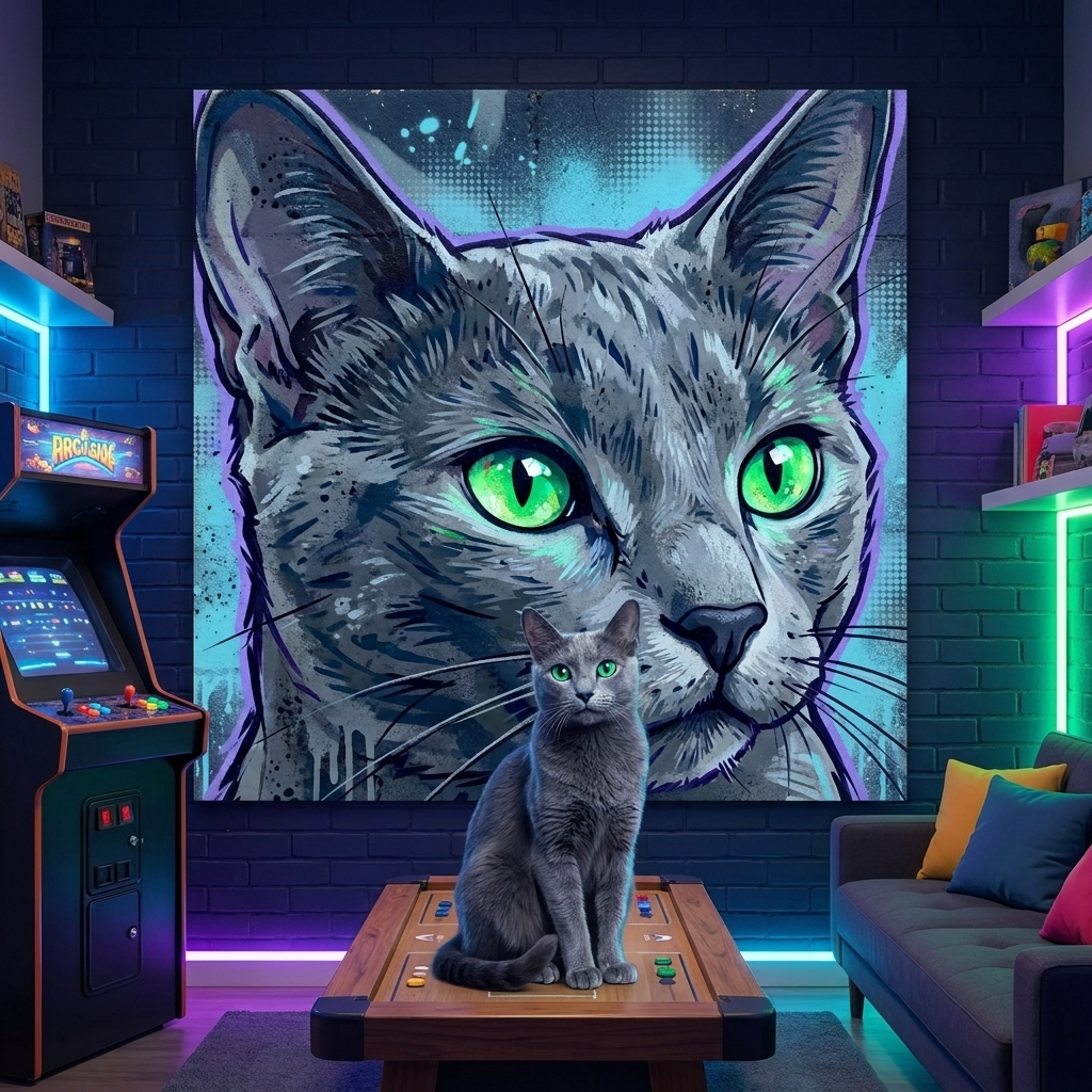 Urban Spray Portrait Canvas room mockup; custom cat portrait canvas from photo in the Urban Spray Portrait style; gray cat; proof before print.