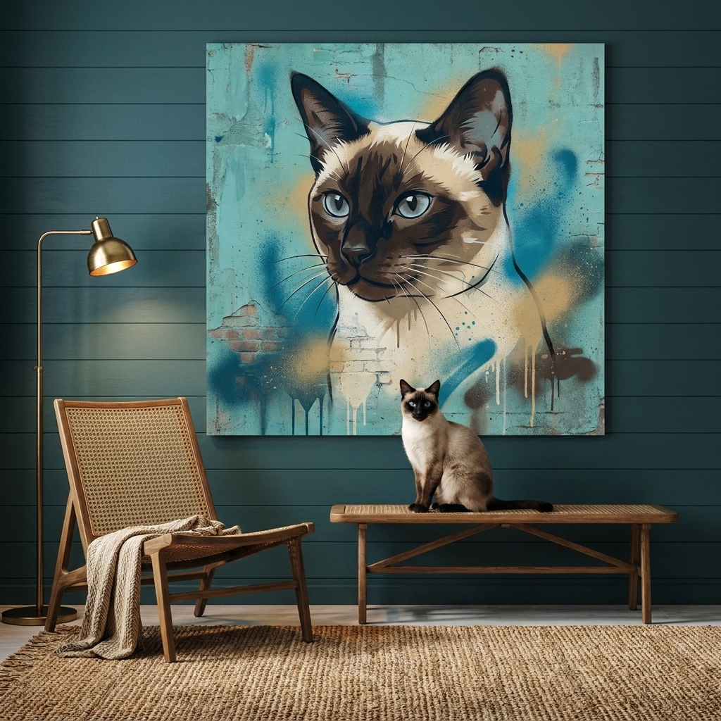 Urban Spray Portrait Canvas room mockup; custom cat portrait canvas from photo in the Urban Spray Portrait style; pointed cat; proof before print.