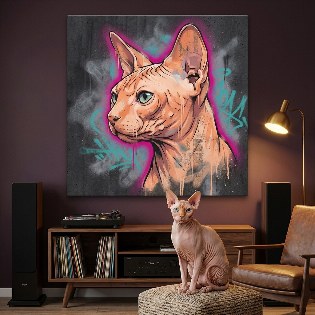 Urban Spray Portrait Canvas room mockup; custom cat portrait canvas from photo in the Urban Spray Portrait style; hairless cat; proof before print.