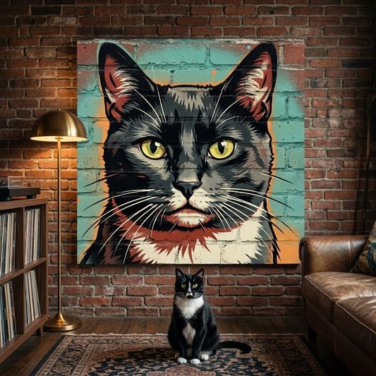 Urban Spray Portrait Canvas room mockup; custom cat portrait canvas from photo in the Urban Spray Portrait style; tuxedo cat; proof before print.