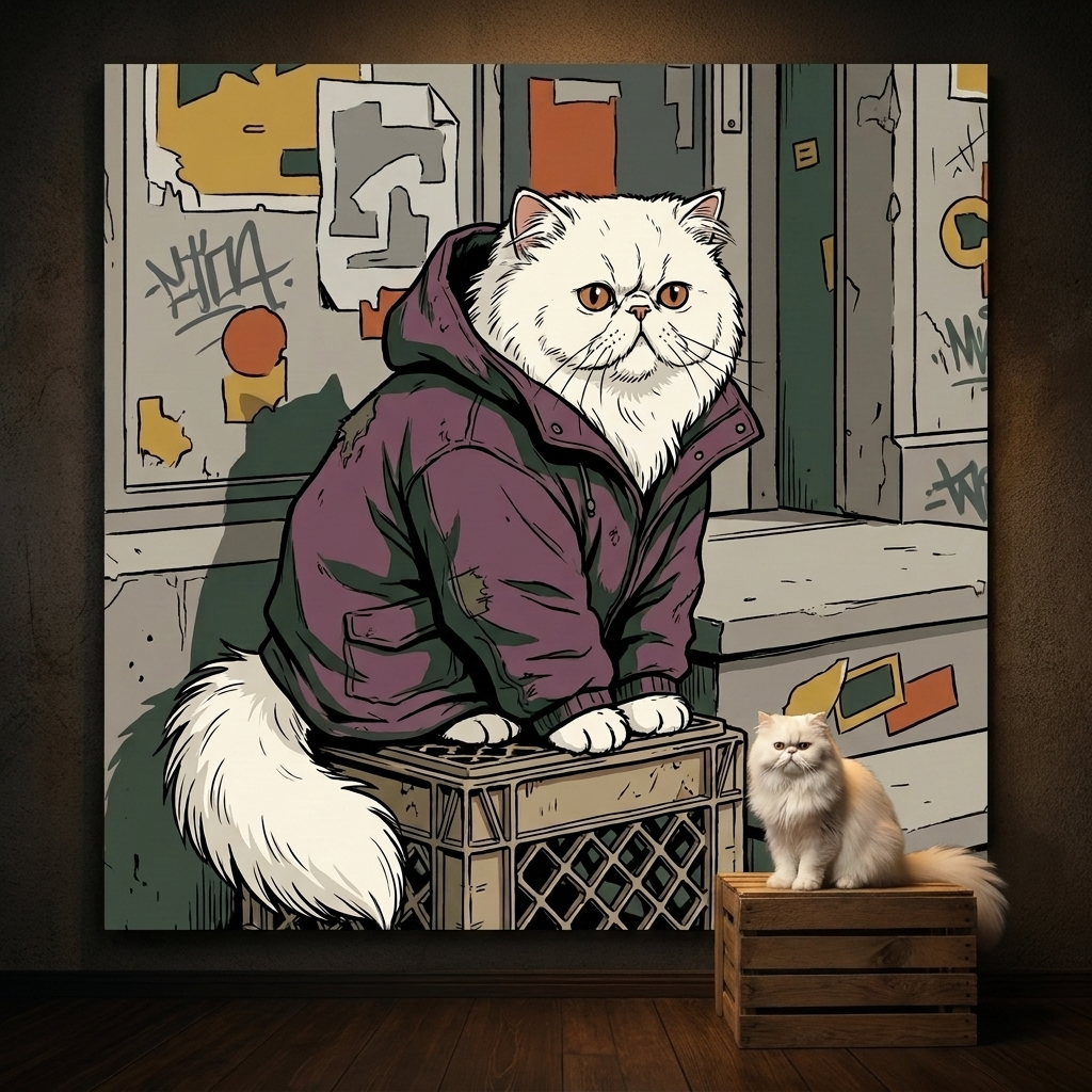 Urban Street Kid Canvas room mockup; custom cat portrait canvas from photo in the Urban Street Kid style; longhair cat; proof before print.