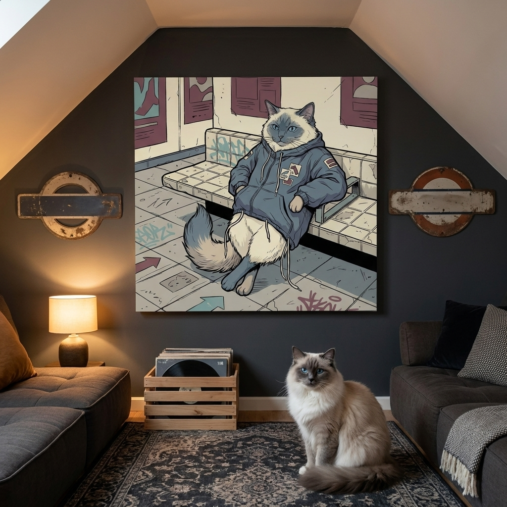 Urban Street Kid Canvas room mockup; custom cat portrait canvas from photo in the Urban Street Kid style; longhair cat; proof before print.