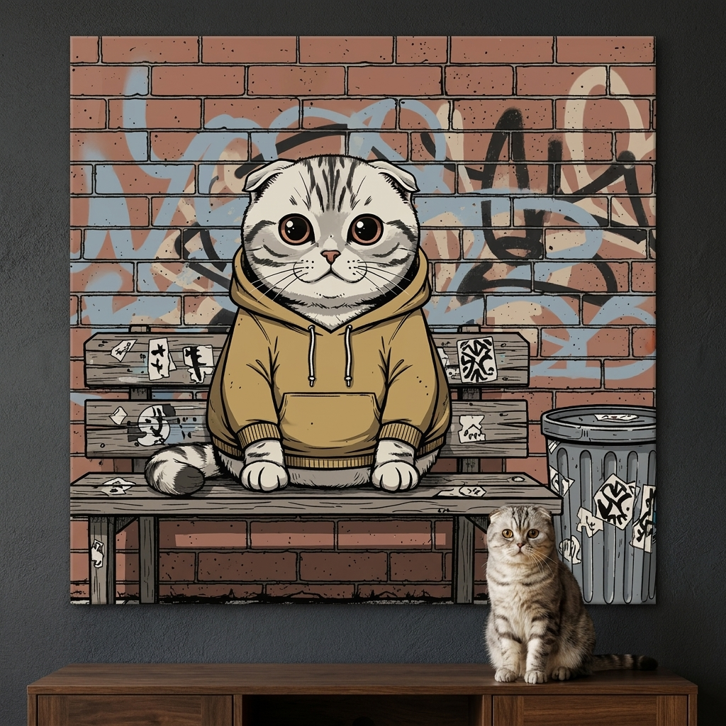 Urban Street Kid Canvas room mockup; custom cat portrait canvas from photo in the Urban Street Kid style; gray cat; proof before print.