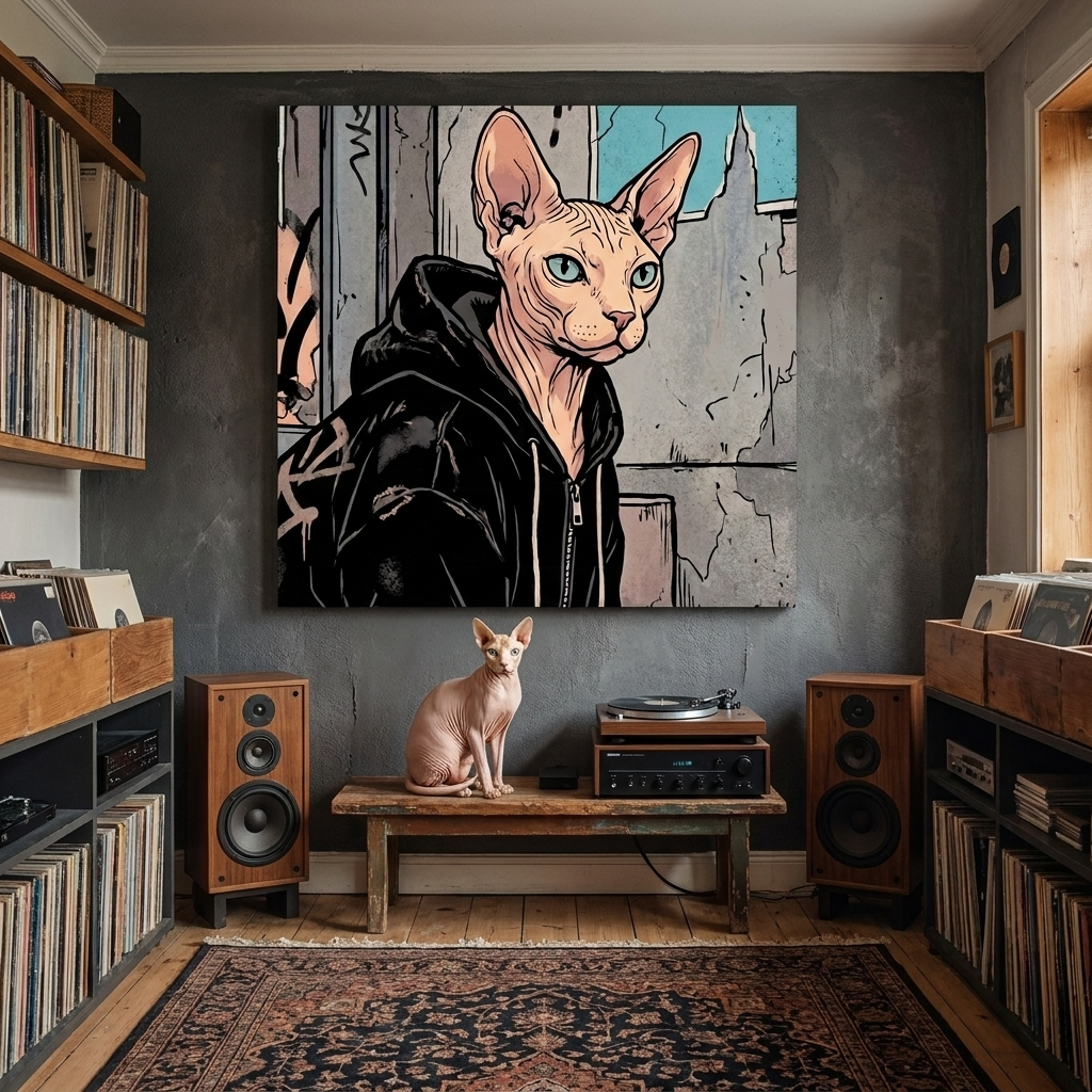 Urban Street Kid Canvas room mockup; custom cat portrait canvas from photo in the Urban Street Kid style; hairless cat; proof before print.