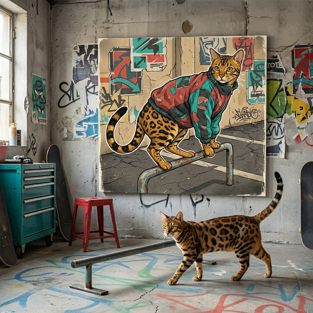 Urban Street Kid Canvas room mockup; custom cat portrait canvas from photo in the Urban Street Kid style; skate-themed; spotted tabby-like cat; proof before print.