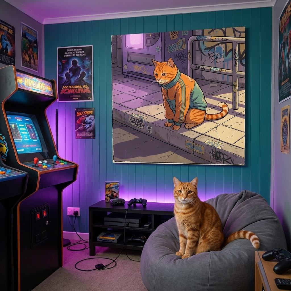Urban Street Kid Canvas room mockup; custom cat portrait canvas from photo in the Urban Street Kid style; orange tabby cat; proof before print.