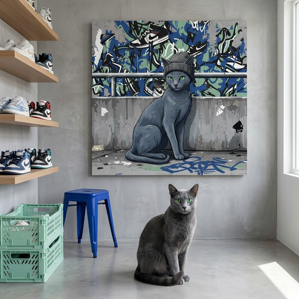 Urban Street Kid Canvas room mockup; custom cat portrait canvas from photo in the Urban Street Kid style; gray cat; proof before print.