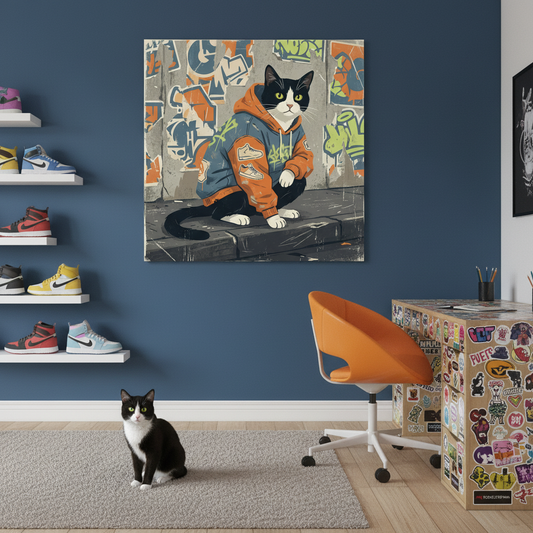 Urban Street Kid Canvas room mockup; custom cat portrait canvas from photo in the Urban Street Kid style; skate-themed; tuxedo cat; proof before print.