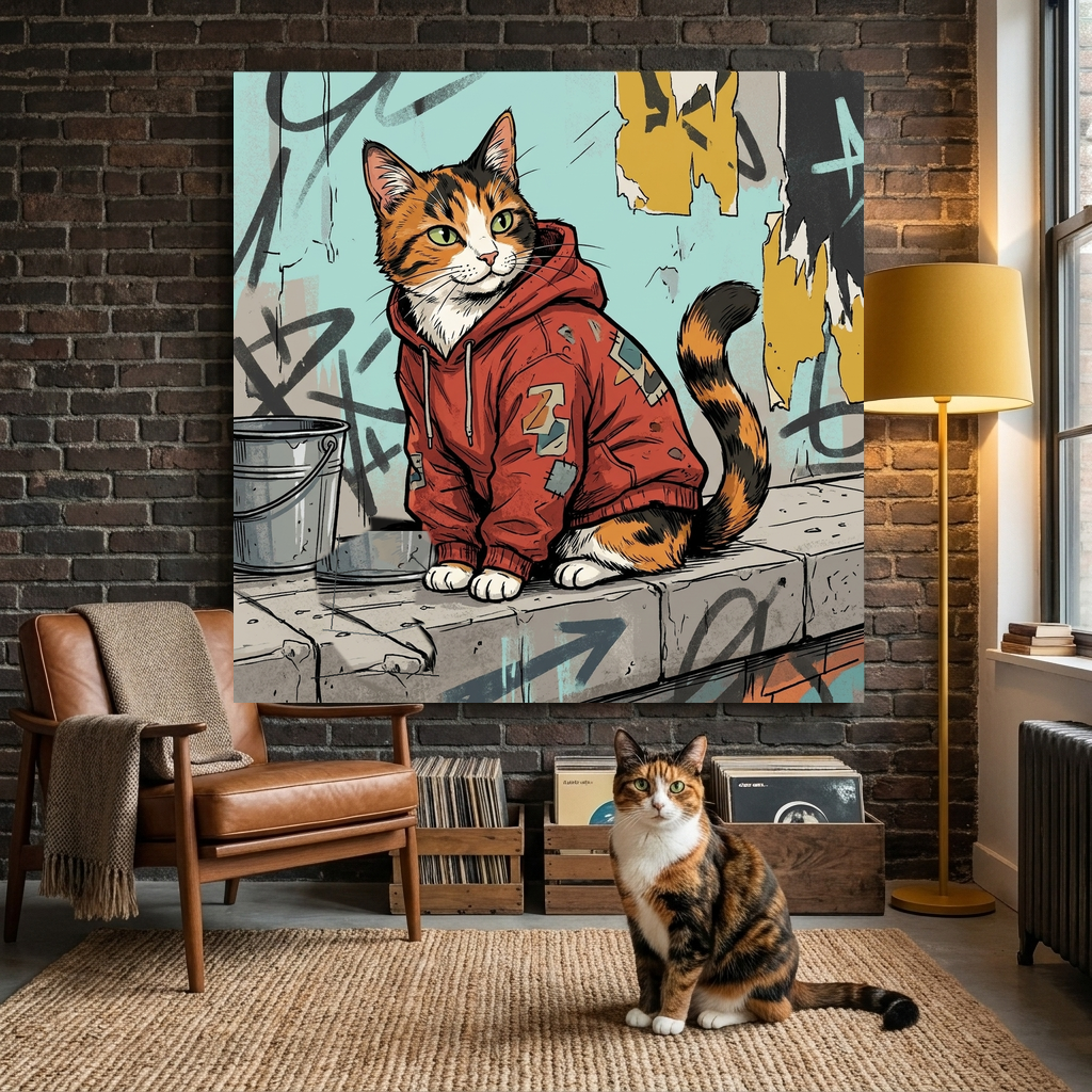 Urban Street Kid Canvas room mockup; custom cat portrait canvas from photo in the Urban Street Kid style; calico cat; proof before print.