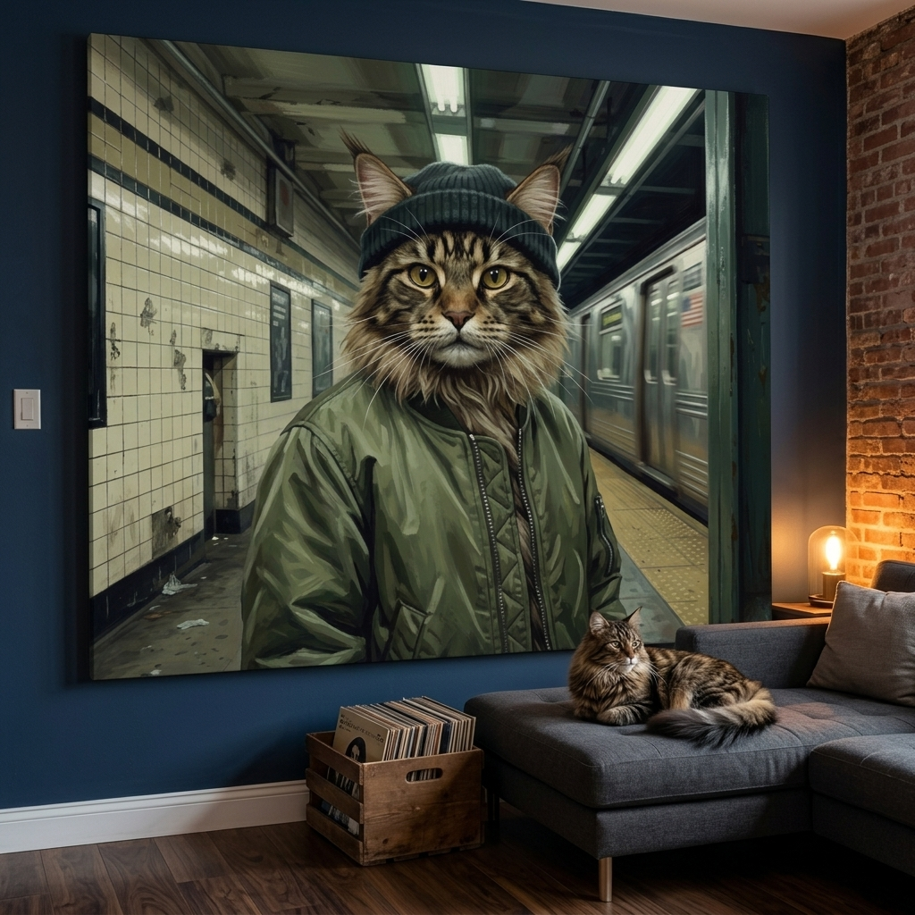 Urban Street Kid Canvas room mockup; custom cat portrait canvas from photo in the Urban Street Kid style; longhair cat; proof before print.