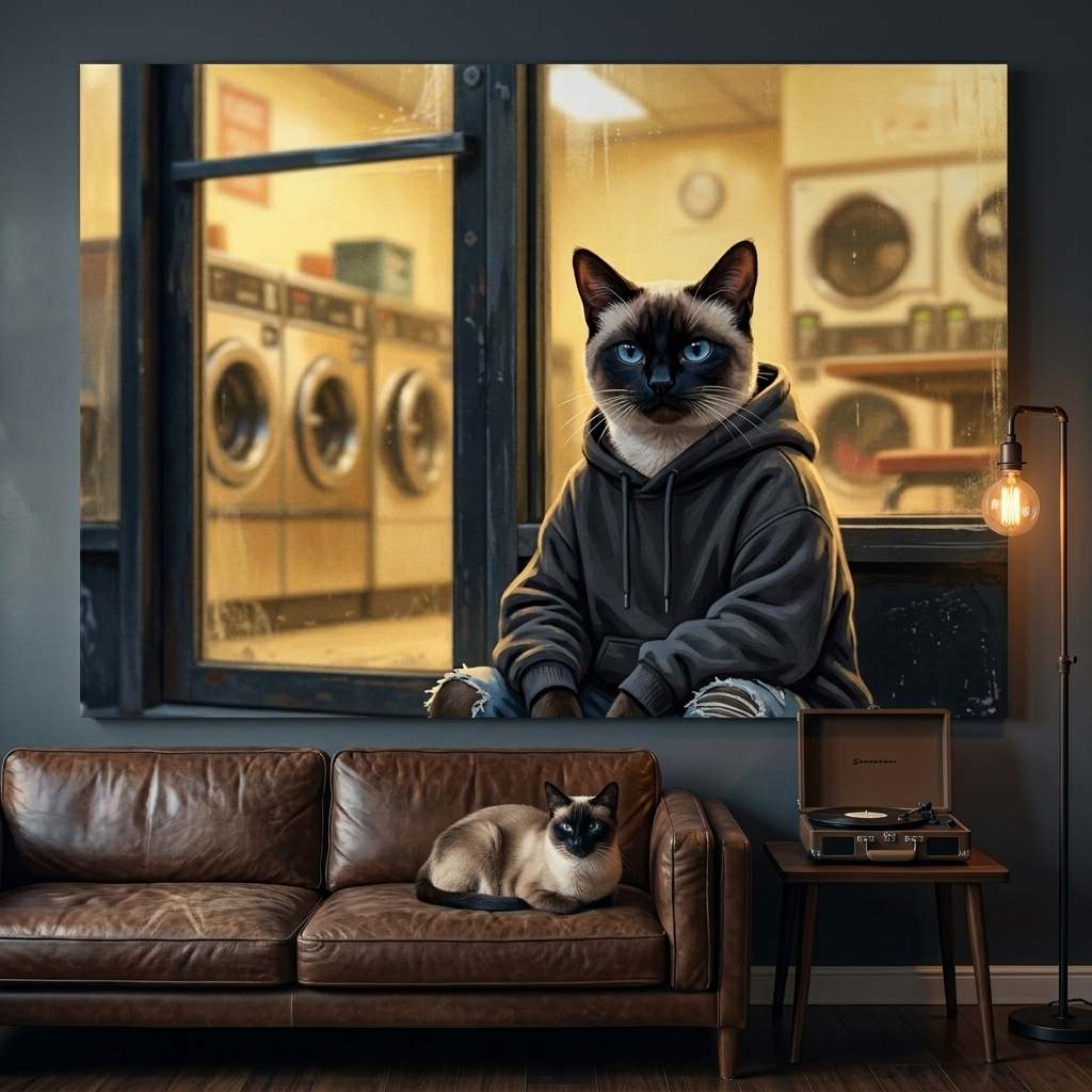 Urban Street Kid Canvas room mockup; custom cat portrait canvas from photo in the Urban Street Kid style; pointed cat; proof before print.