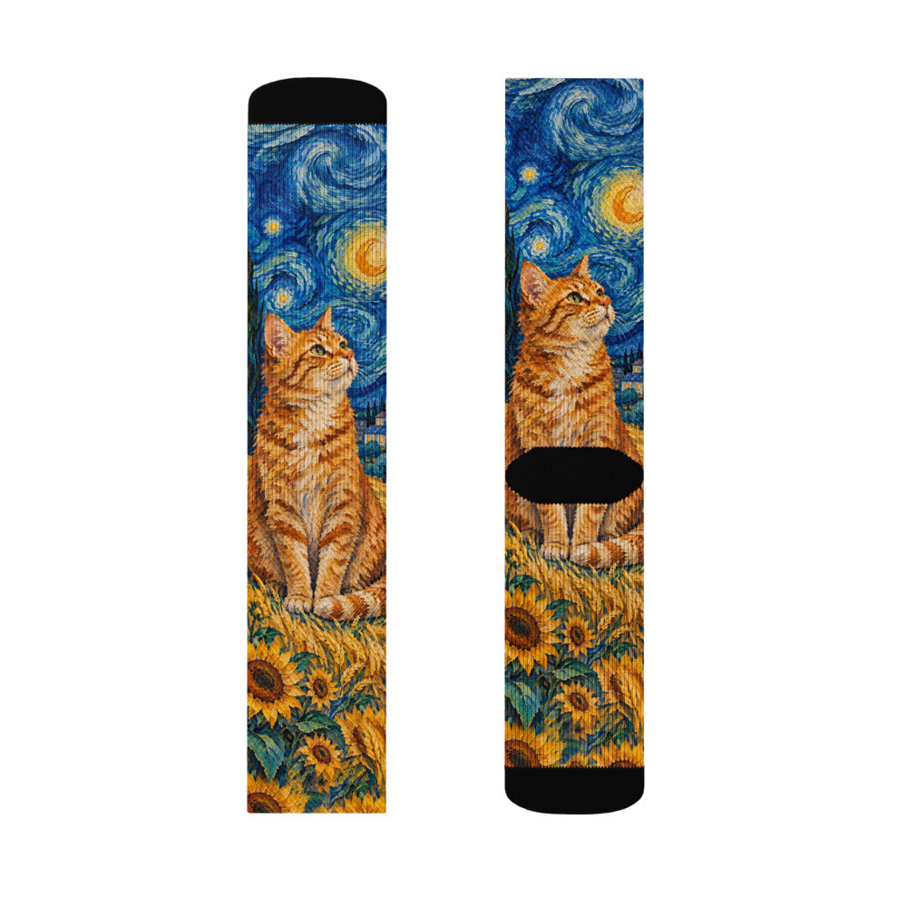 Custom cat portrait socks in the Van Gogh style