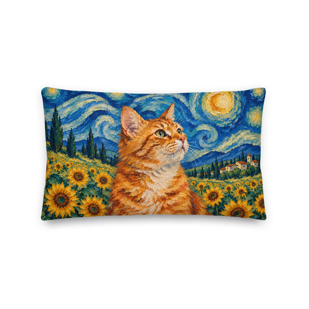 Custom cat portrait lumbar pillow, Van Gogh style, 20" x 12", lumbar