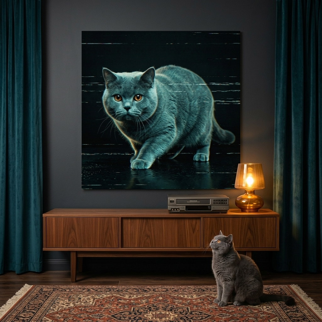 VHS Glitch Signal Canvas room mockup; custom cat portrait canvas from photo in the VHS Glitch Signal style; gray cat; proof before print.