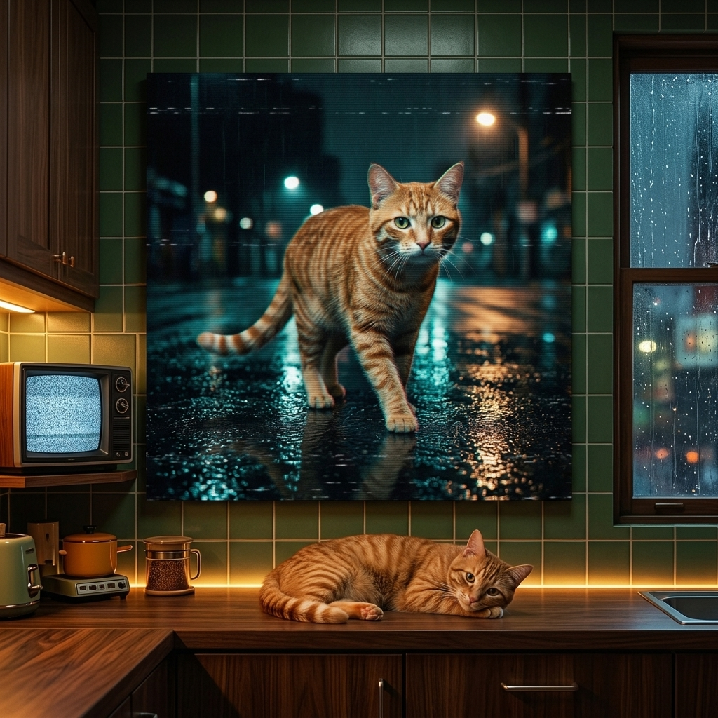 VHS Glitch Signal Canvas room mockup; custom cat portrait canvas from photo in the VHS Glitch Signal style; kitchen-themed; orange tabby cat; proof before print.