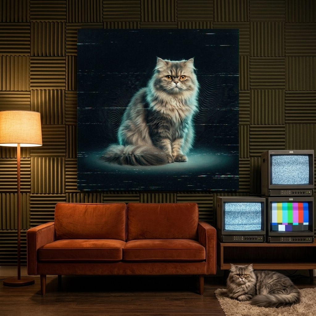 VHS Glitch Signal Canvas room mockup; custom cat portrait canvas from photo in the VHS Glitch Signal style; broadcast-themed; longhair cat; proof before print.