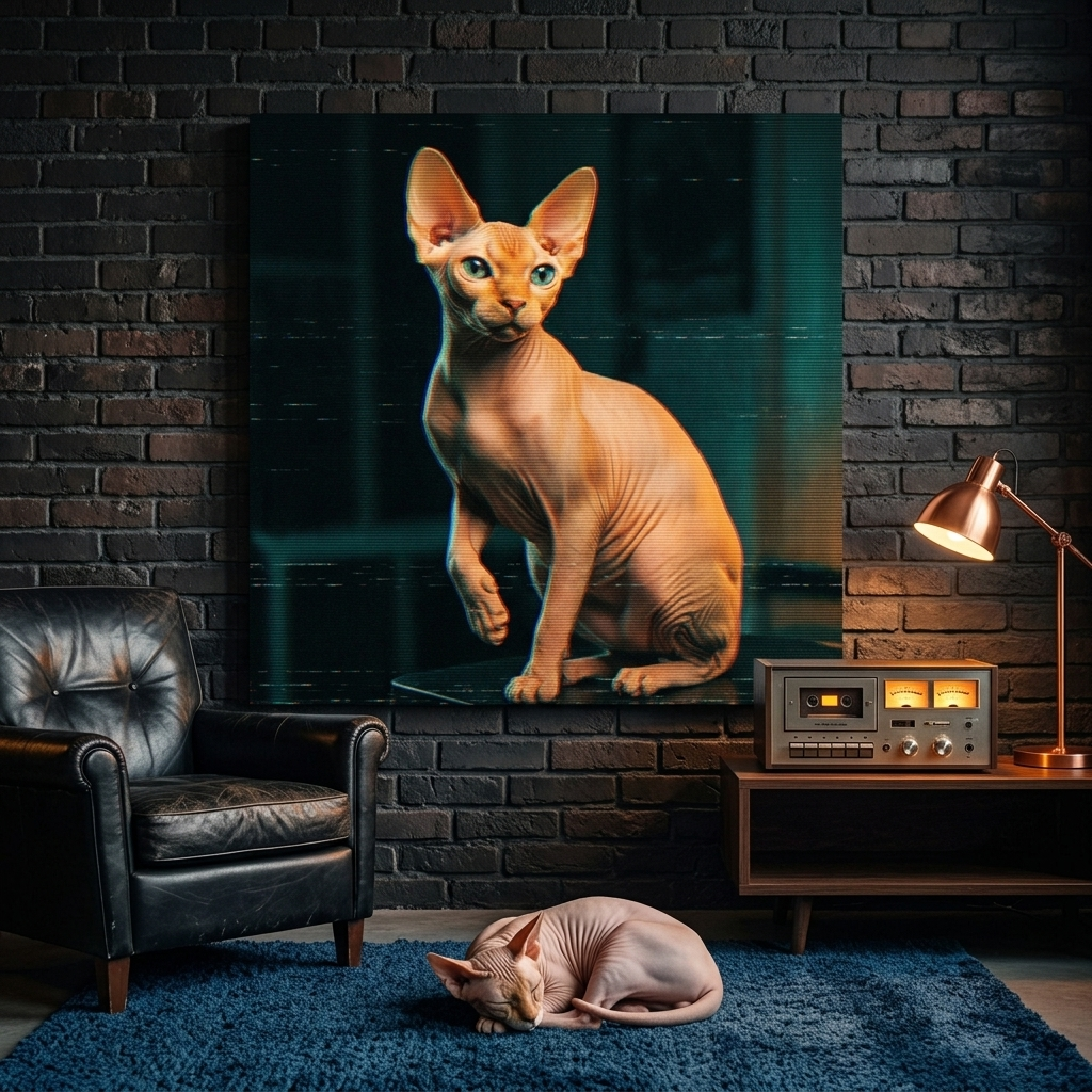 VHS Glitch Signal Canvas room mockup; custom cat portrait canvas from photo in the VHS Glitch Signal style; hairless cat; proof before print.