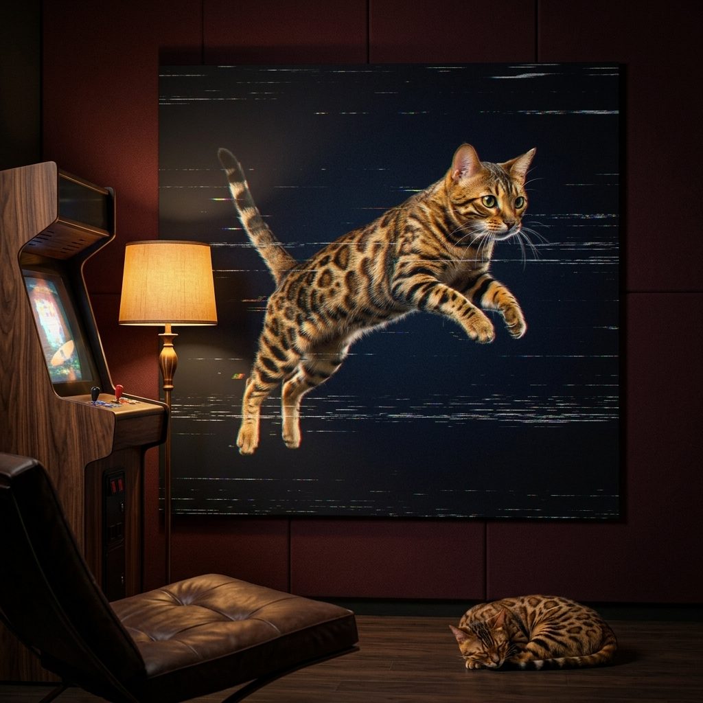 VHS Glitch Signal Canvas room mockup; custom cat portrait canvas from photo in the VHS Glitch Signal style; spotted tabby-like cat; proof before print.