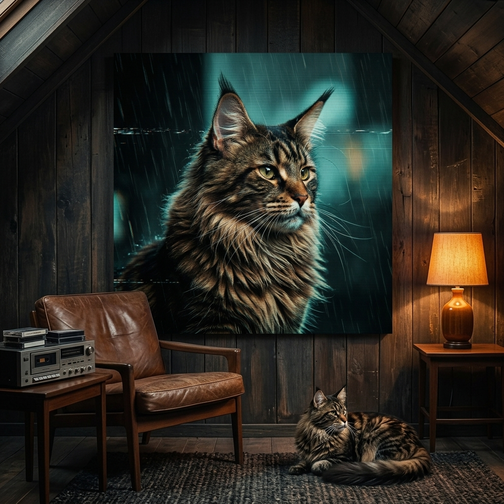 VHS Glitch Signal Canvas room mockup; custom cat portrait canvas from photo in the VHS Glitch Signal style; longhair cat; proof before print.