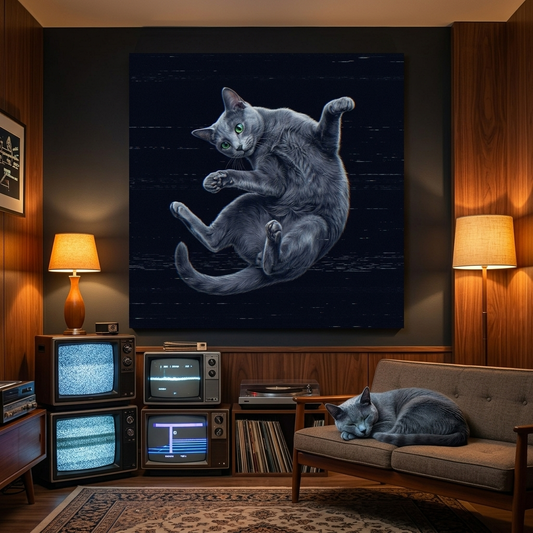 VHS Glitch Signal Canvas room mockup; custom cat portrait canvas from photo in the VHS Glitch Signal style; gray cat; proof before print.