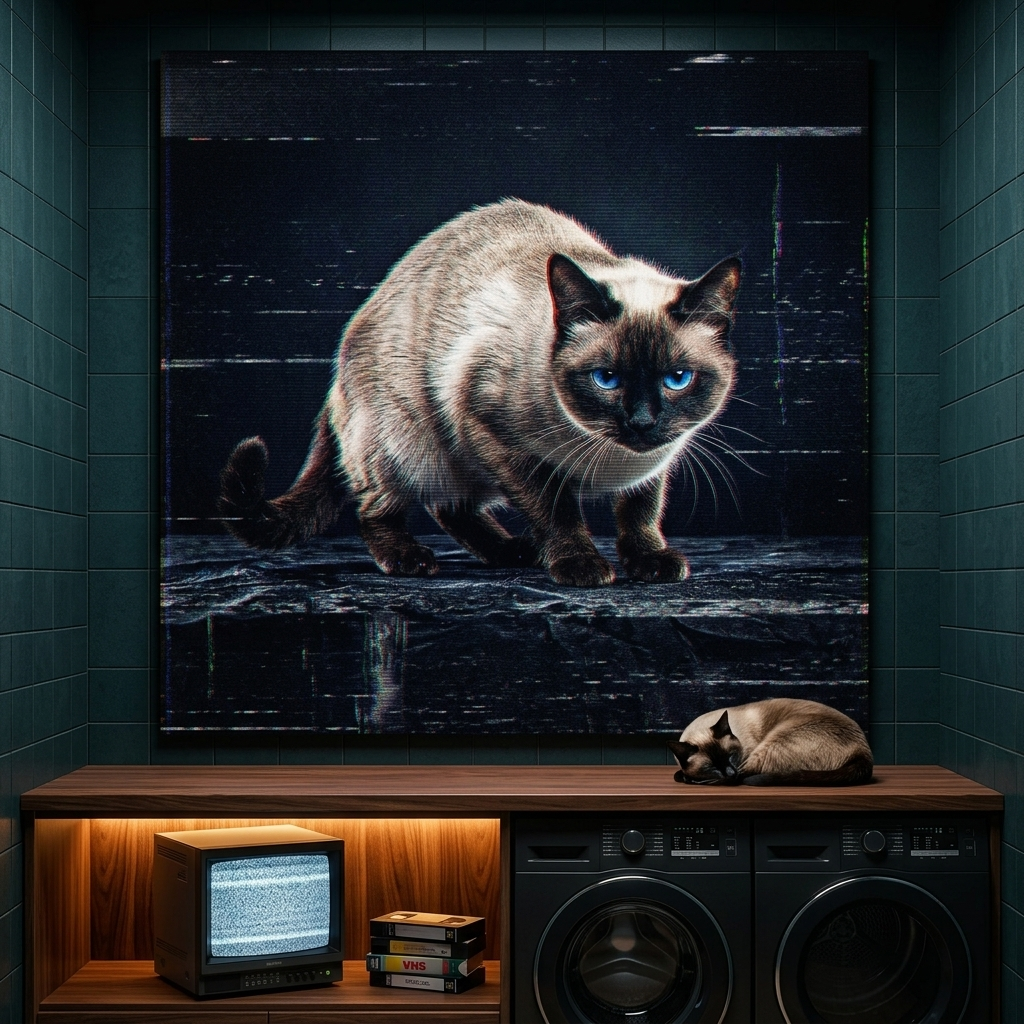 VHS Glitch Signal Canvas room mockup; custom cat portrait canvas from photo in the VHS Glitch Signal style; pointed cat; proof before print.