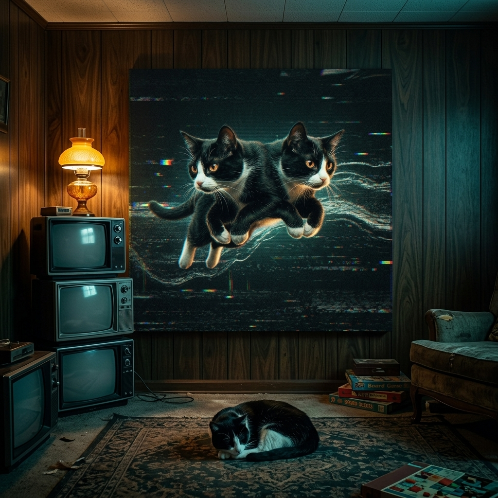 VHS Glitch Signal Canvas room mockup; custom cat portrait canvas from photo in the VHS Glitch Signal style; tuxedo cat; proof before print.