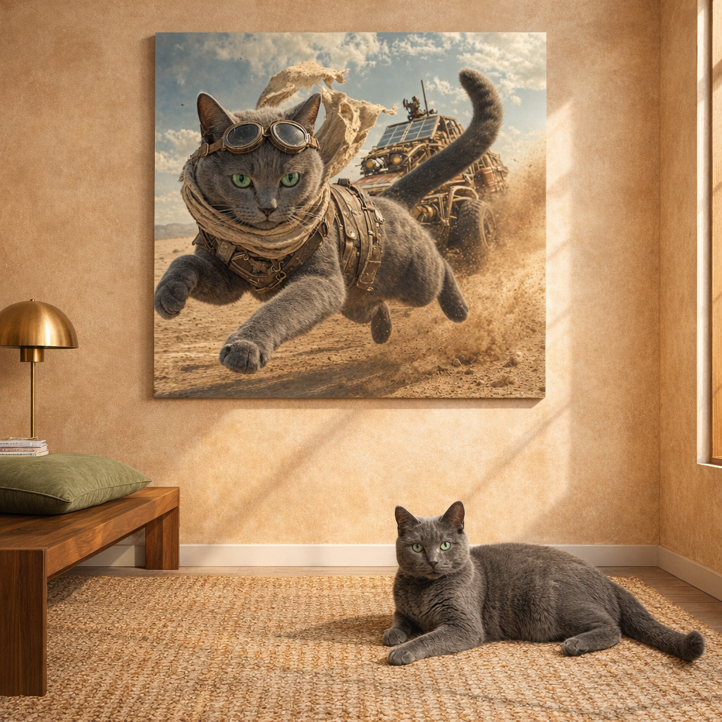 Wasteland Grit Canvas room mockup; custom cat portrait canvas from photo in the Wasteland Grit style; gray cat; proof before print.