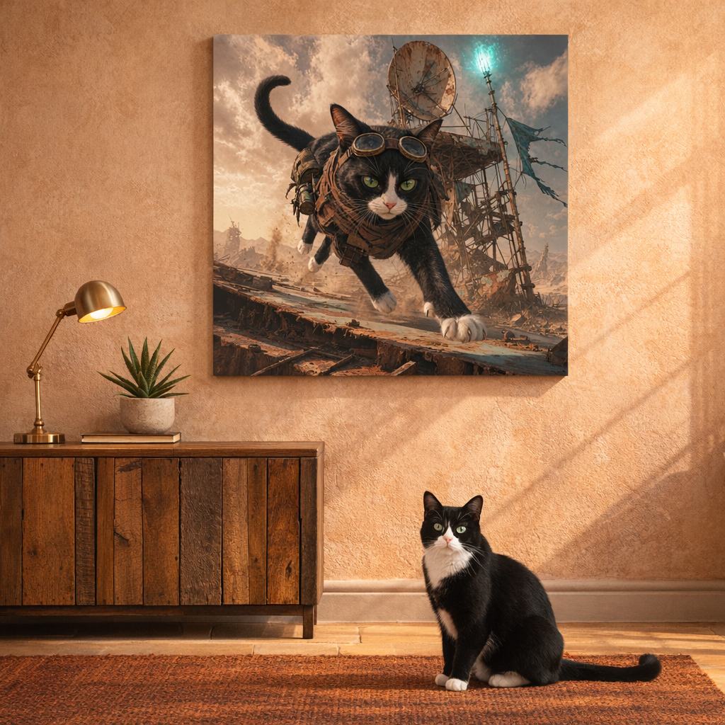 Wasteland Grit Canvas room mockup; custom cat portrait canvas from photo in the Wasteland Grit style; tuxedo cat; proof before print.