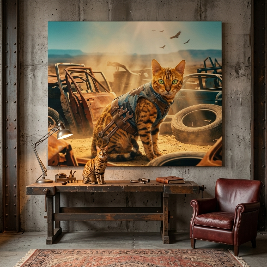 Wasteland Grit Canvas room mockup; custom cat portrait canvas from photo in the Wasteland Grit style; spotted tabby-like cat; proof before print.
