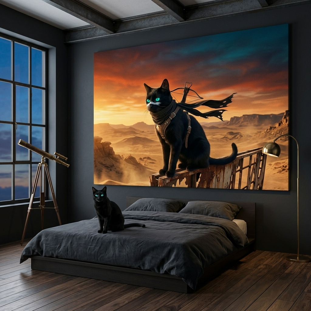 Wasteland Grit Canvas room mockup; custom cat portrait canvas from photo in the Wasteland Grit style; black cat; proof before print.