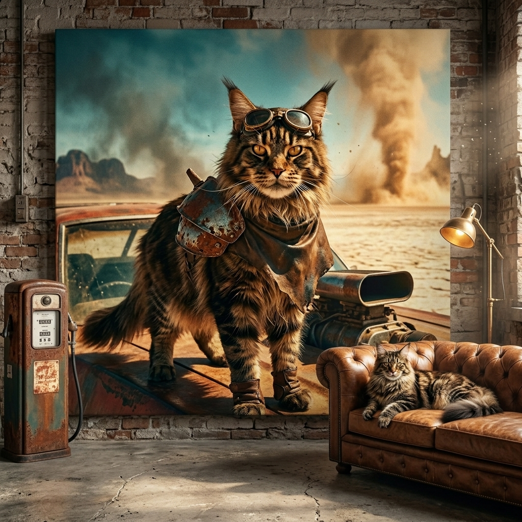 Wasteland Grit Canvas room mockup; custom cat portrait canvas from photo in the Wasteland Grit style; flight-themed; longhair cat; proof before print.