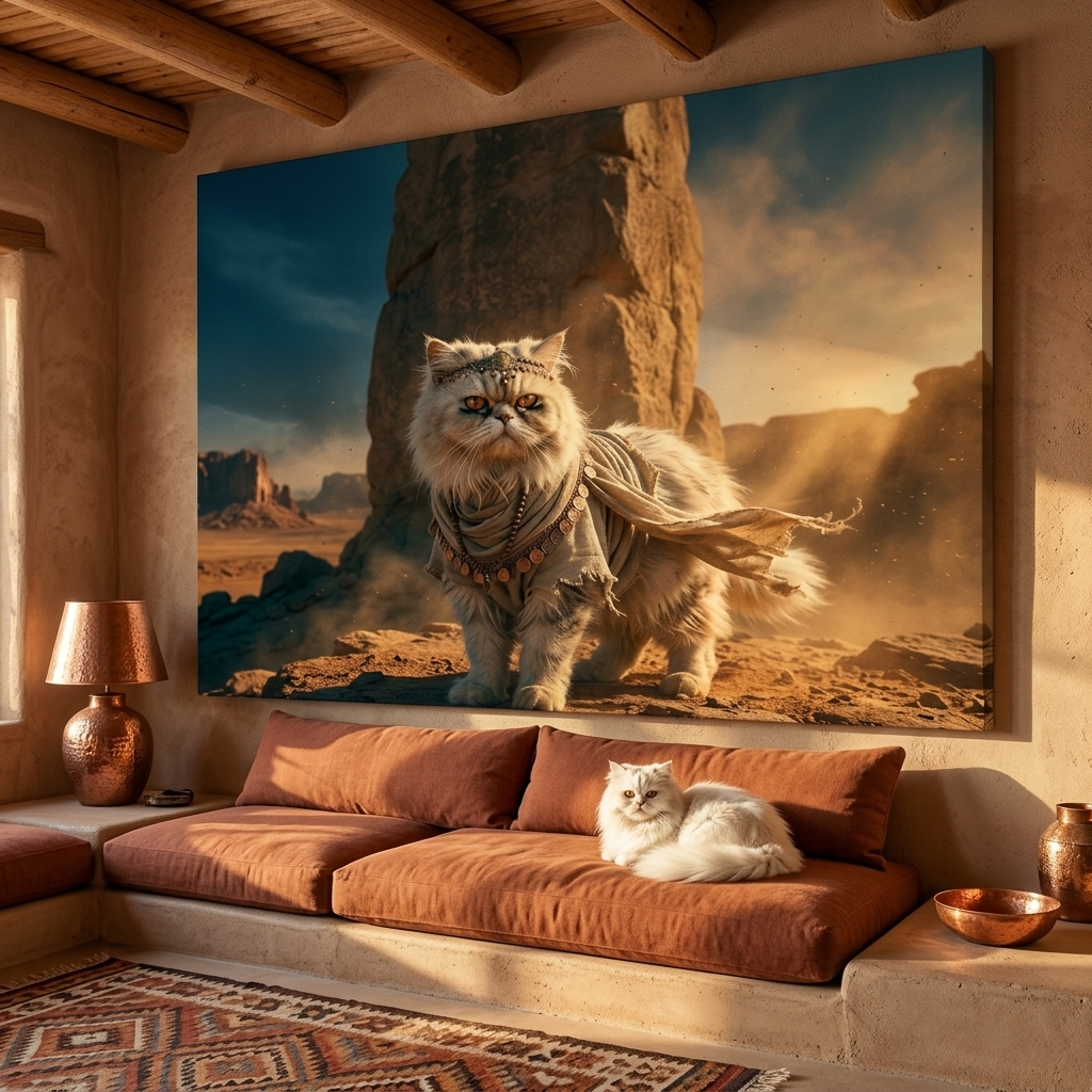 Wasteland Grit Canvas room mockup; custom cat portrait canvas from photo in the Wasteland Grit style; longhair cat; proof before print.