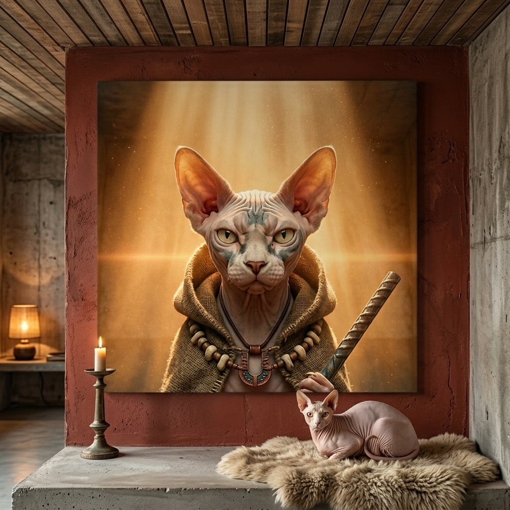 Wasteland Grit Canvas room mockup; custom cat portrait canvas from photo in the Wasteland Grit style; hairless cat; proof before print.