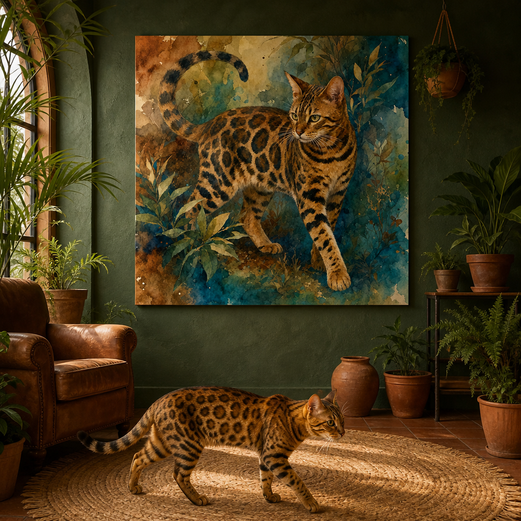 Watercolor Canvas room mockup; custom cat portrait canvas from photo in the Watercolor style; spotted tabby-like cat; proof before print.