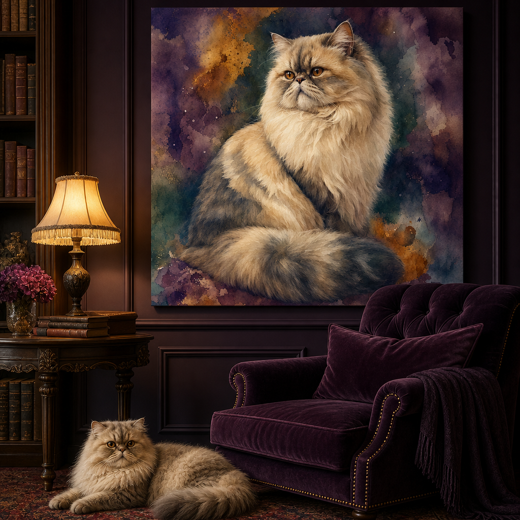 Watercolor Canvas room mockup; custom cat portrait canvas from photo in the Watercolor style; longhair cat; proof before print.