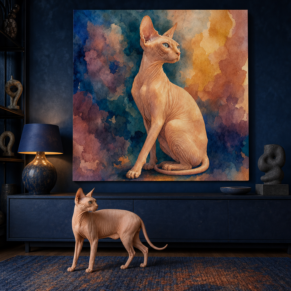 Watercolor Canvas room mockup; custom cat portrait canvas from photo in the Watercolor style; broadcast-themed; hairless cat; proof before print.