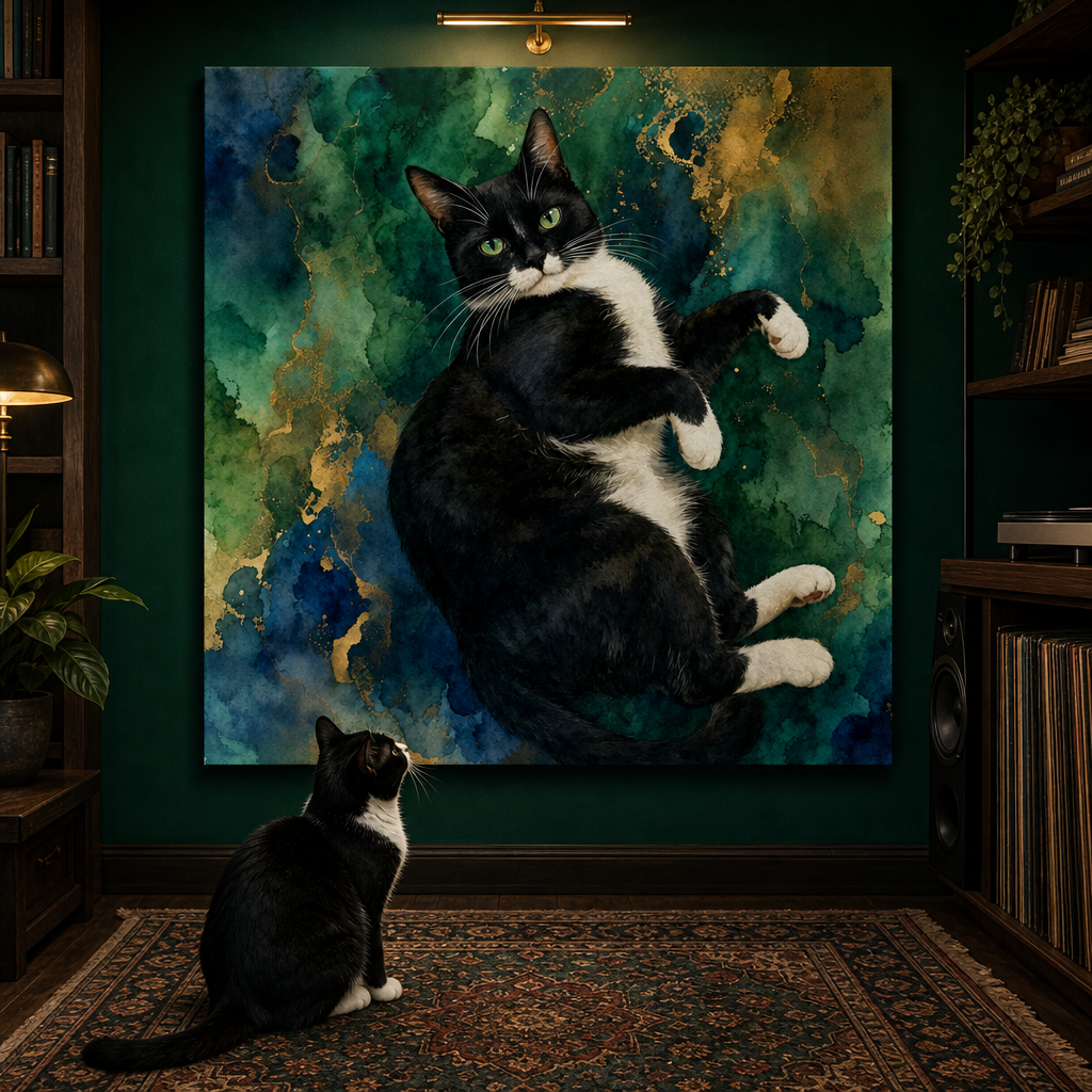 Watercolor Canvas room mockup; custom cat portrait canvas from photo in the Watercolor style; tuxedo cat; proof before print.