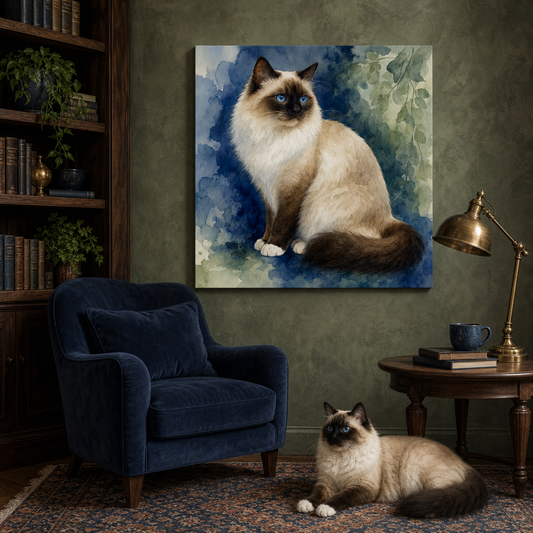 Watercolor Canvas room mockup; custom cat portrait canvas from photo in the Watercolor style; pointed cat; proof before print.