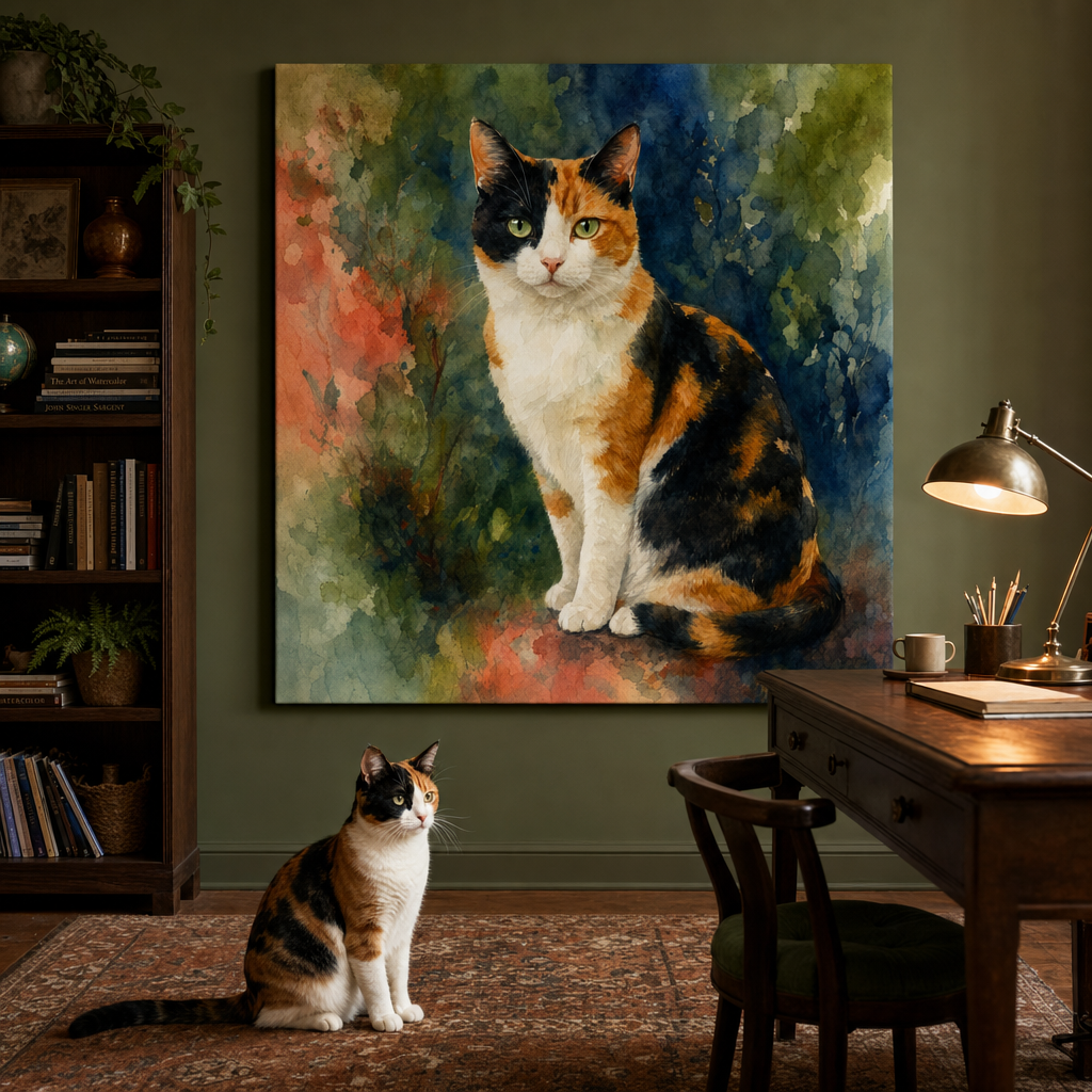Watercolor Canvas room mockup; custom cat portrait canvas from photo in the Watercolor style; calico cat; proof before print.